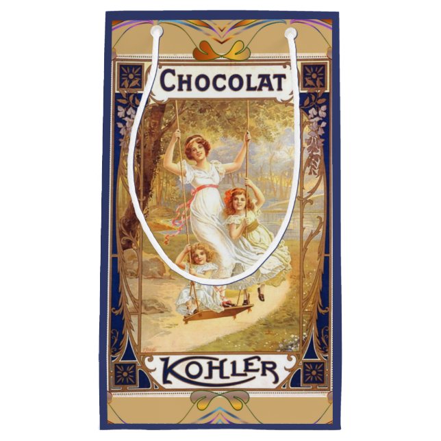 Victorian chocolate label floral elegant blue gold small gift bag (Front)