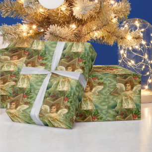 Victorian Christmas Angel with Vintage Gold Star Wrapping Paper