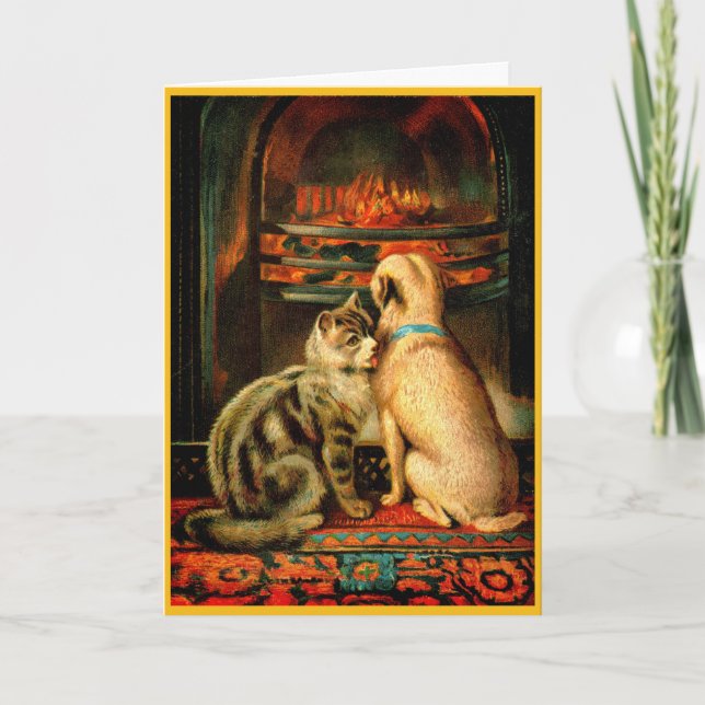 Victorian Christmas Card Friendly Dog & Cat (Front)