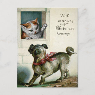 Victorian Christmas Cat and Dog Postcard