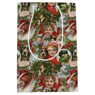 Victorian Christmas Cats And Dogs Scrap Collage  Medium Gift Bag