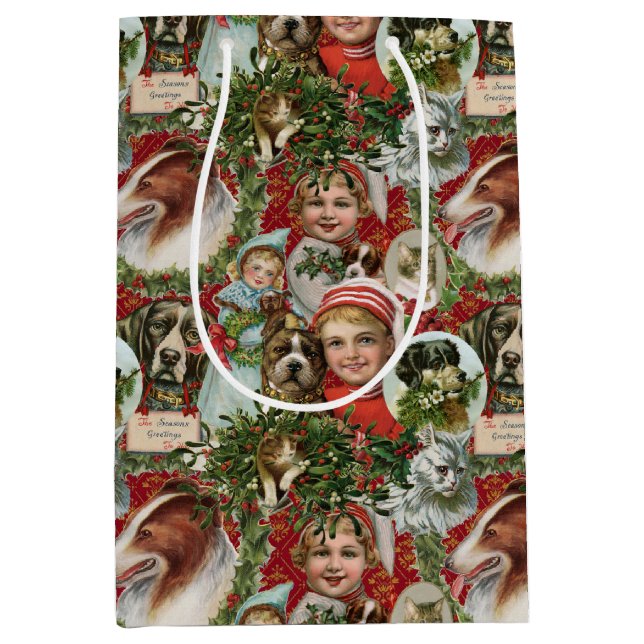 Victorian Christmas Cats And Dogs Scrap Collage  Medium Gift Bag (Front)