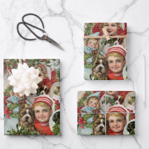 Victorian Christmas Cats And Dogs Scrap Collage Wrapping Paper Sheet
