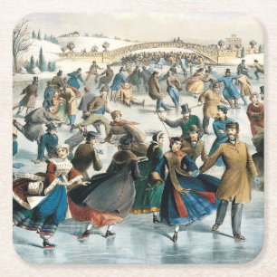 Victorian Christmas Central Park Currier & Ives Square Paper Coaster