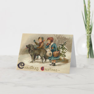 Victorian Christmas Children and Dog Greeting Card