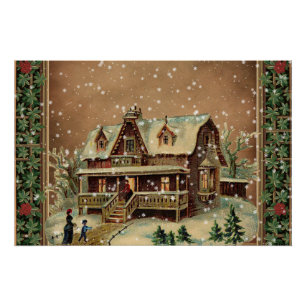 Victorian Christmas Cottage in Winter Illustration Poster