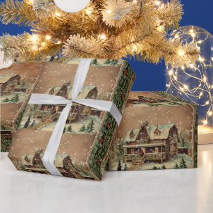 Victorian Christmas Cottage in Winter Illustration Wrapping Paper