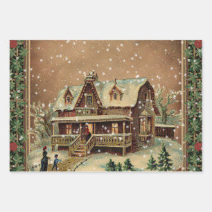 Victorian Christmas Cottage in Winter Illustration Wrapping Paper Sheet