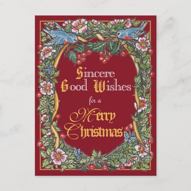 Victorian Christmas Elegant Bird Holly Burgundy Holiday Postcard (Front)