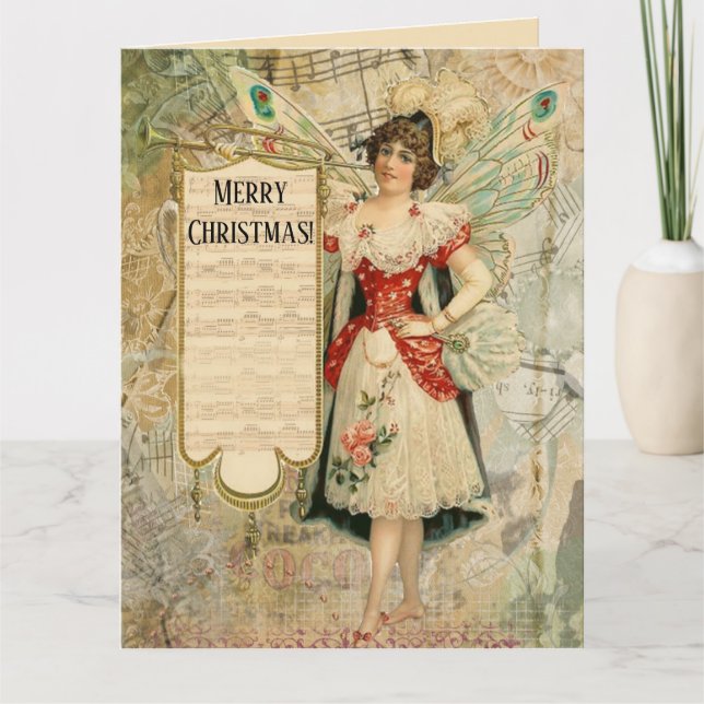Victorian Christmas Fairy Announcing Music Card (Front)