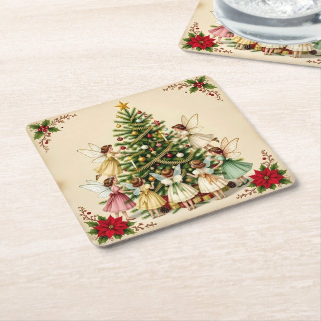 Victorian Christmas Fairy Gathering Square Paper Coaster (Angled)