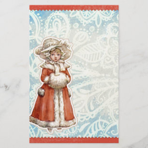 Victorian Christmas Girl in Fur Red Coat