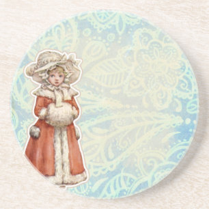 Victorian Christmas Girl in Fur Red Coat Coaster