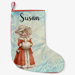 Victorian Christmas Girl in Fur Red Coat Small Christmas Stocking