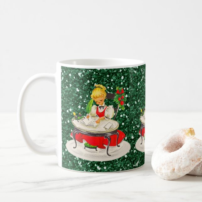 Victorian Christmas Girl Writing Green FauxGlitter Coffee Mug (With Donut)