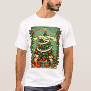 Victorian Christmas Happy Mice Red Green Holly T-Shirt