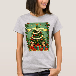 Victorian Christmas Happy Mice Red Green Holly  T-Shirt