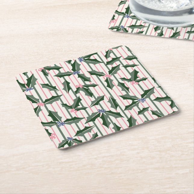 Victorian Christmas Holly Square Paper Coaster (Angled)