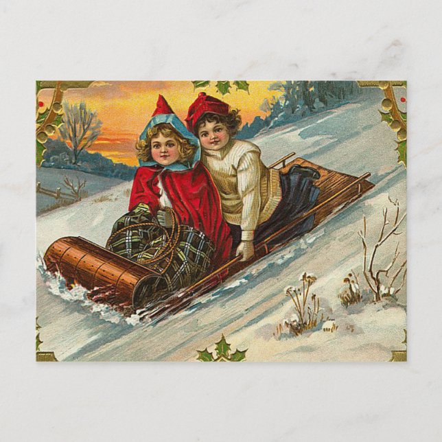 Victorian Christmas Kids Sledding Holiday Postcard (Front)