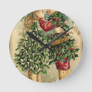 Victorian Christmas Kiss Retro Vintage Holiday Round Clock