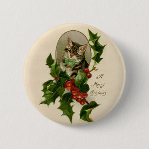 Victorian Christmas Kitten in Holly Antique Tabby 6 Cm Round Badge