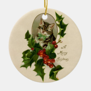 Victorian Christmas Kitten in Holly Antique Tabby Ceramic Tree Decoration
