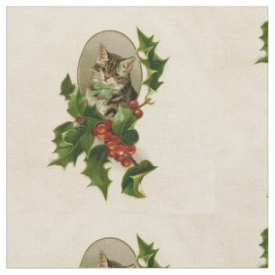 Victorian Christmas Kitten in Holly Antique Tabby Fabric