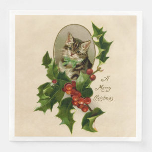 Victorian Christmas Kitten in Holly Antique Tabby Napkin