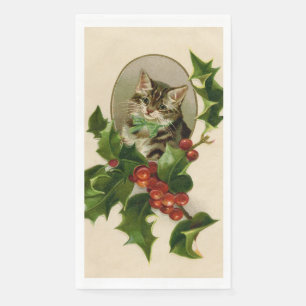 Victorian Christmas Kitten in Holly Antique Tabby Napkin