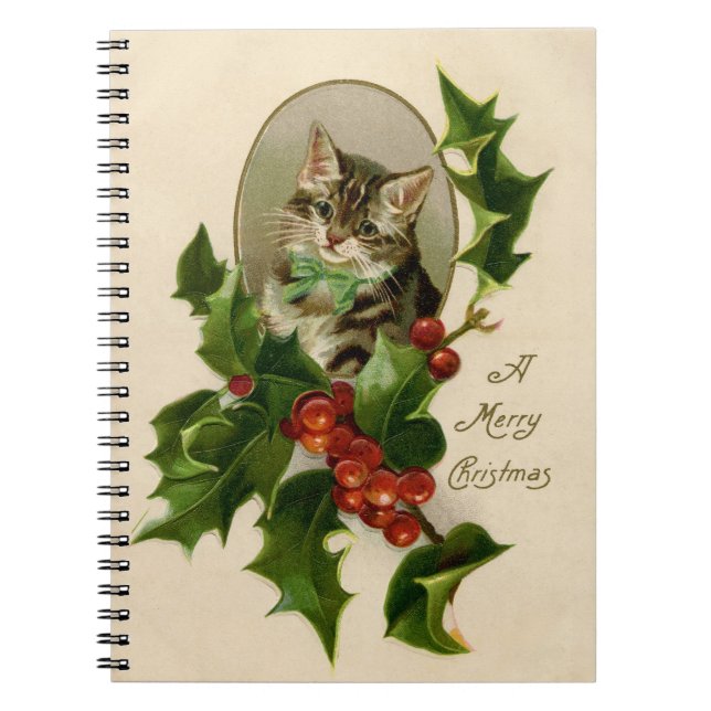 Victorian Christmas Kitten in Holly Antique Tabby Notebook (Front)
