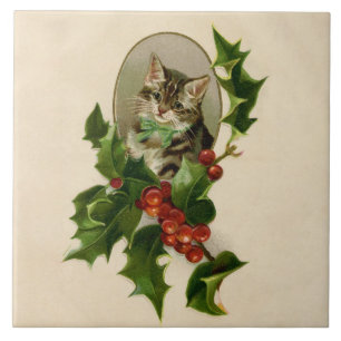 Victorian Christmas Kitten in Holly Antique Tabby Tile