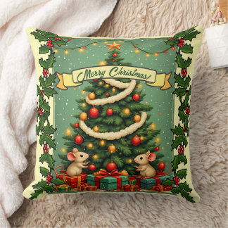 Victorian Christmas Mice Presents Red Green Holly Cushion