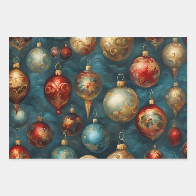 Victorian Christmas Ornaments on Elegant Blue  Wrapping Paper Sheet (Front)