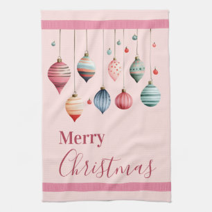 Victorian Christmas Ornaments Pink Tea Towel