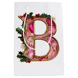 Victorian Christmas Pink Gold Holly Monogram B Medium Gift Bag
