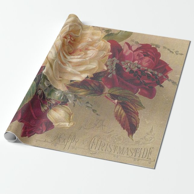 Victorian Christmas Roses Wrapping Paper (Unrolled)