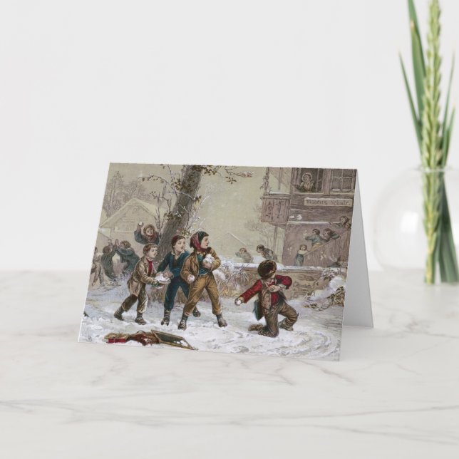 Victorian Christmas Snowball Fight Holiday Card (Front)