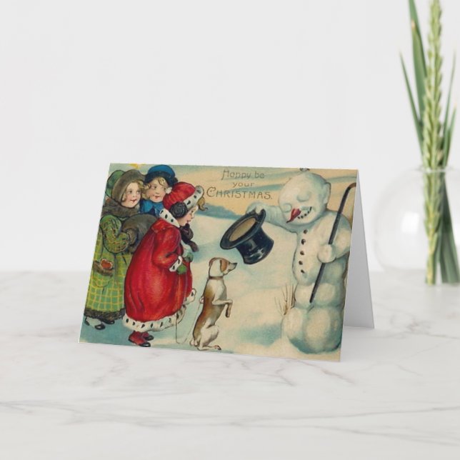 Victorian Christmas Snowman and Dog Christmas Card (Front)