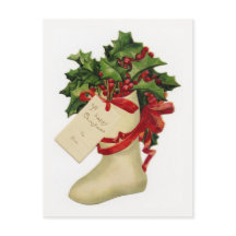 Victorian Christmas Stocking and Holly Postcard