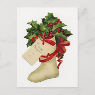 Victorian Christmas Stocking and Holly Postcard