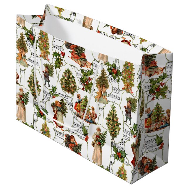 Victorian Christmas Trees, Holly & Music Large Gift Bag (Front Angled)