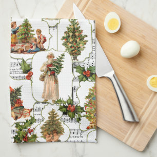 Victorian Christmas Trees, Holly & Music Tea Towel