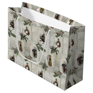Victorian Christmas Vignettes w/Winter Greenery Large Gift Bag