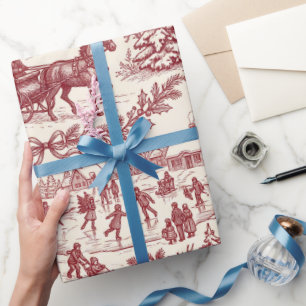 Victorian Christmas Village Red Toile Pattern Wrapping Paper
