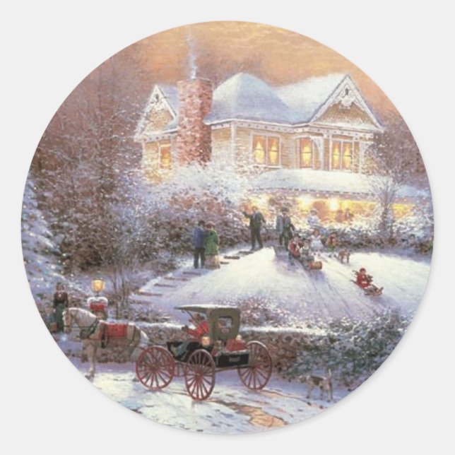Victorian Christmas Winter Scene Classic Round Sticker (Front)