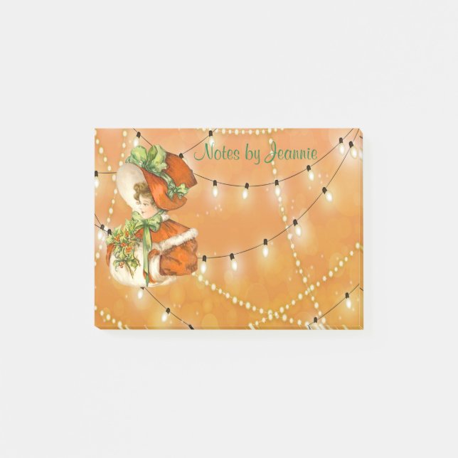 Victorian ChristmasLady Orange Background w/Lights Post-it Notes (Front)