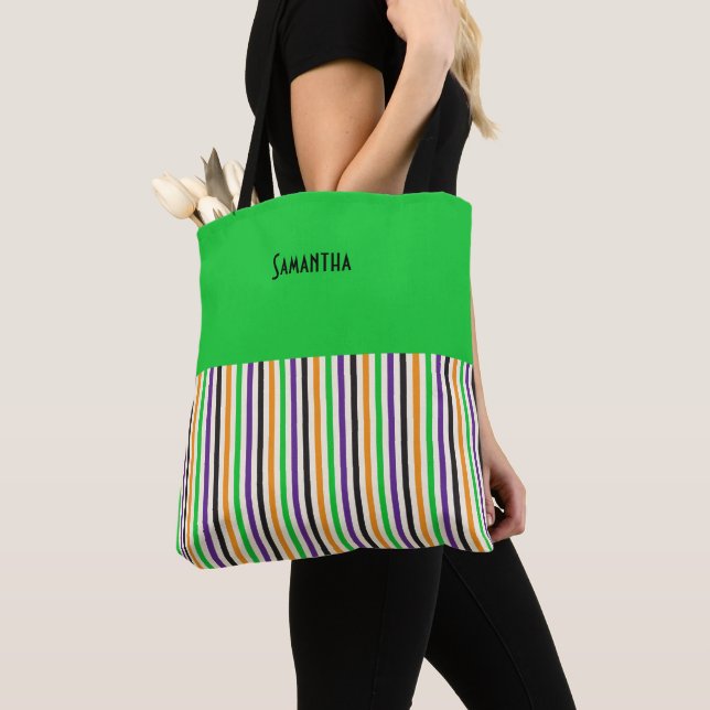 Victorian Circus Colourful Vertical Stripes Name Tote Bag (Close Up)