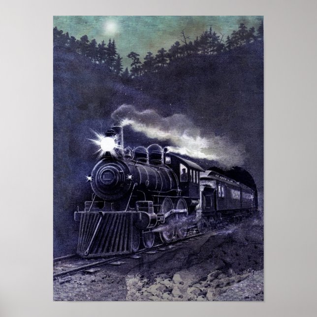 Victorian Coloured Etching - Steam Engine Train Poster (Front)