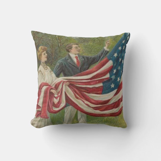 Victorian Couple Raising US Flag Memorial Day Cushion (Front)