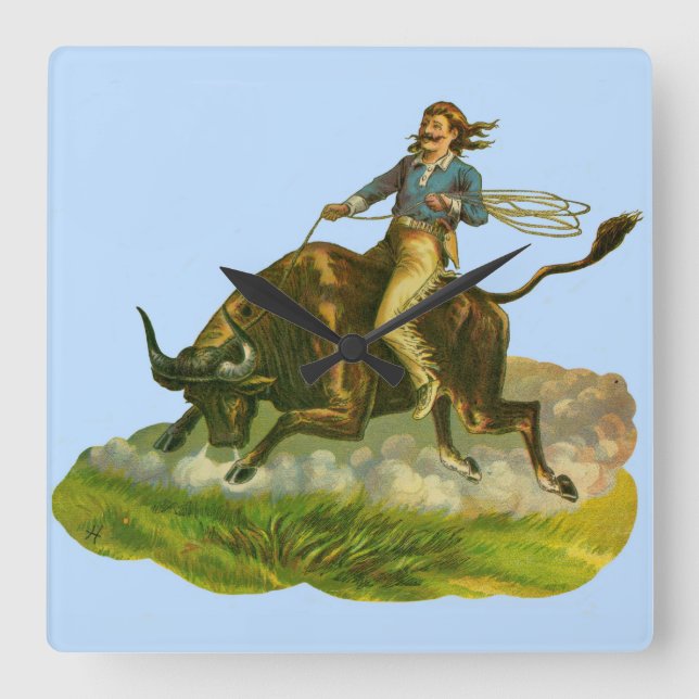 Victorian cowboy bull rider square wall clock (Front)